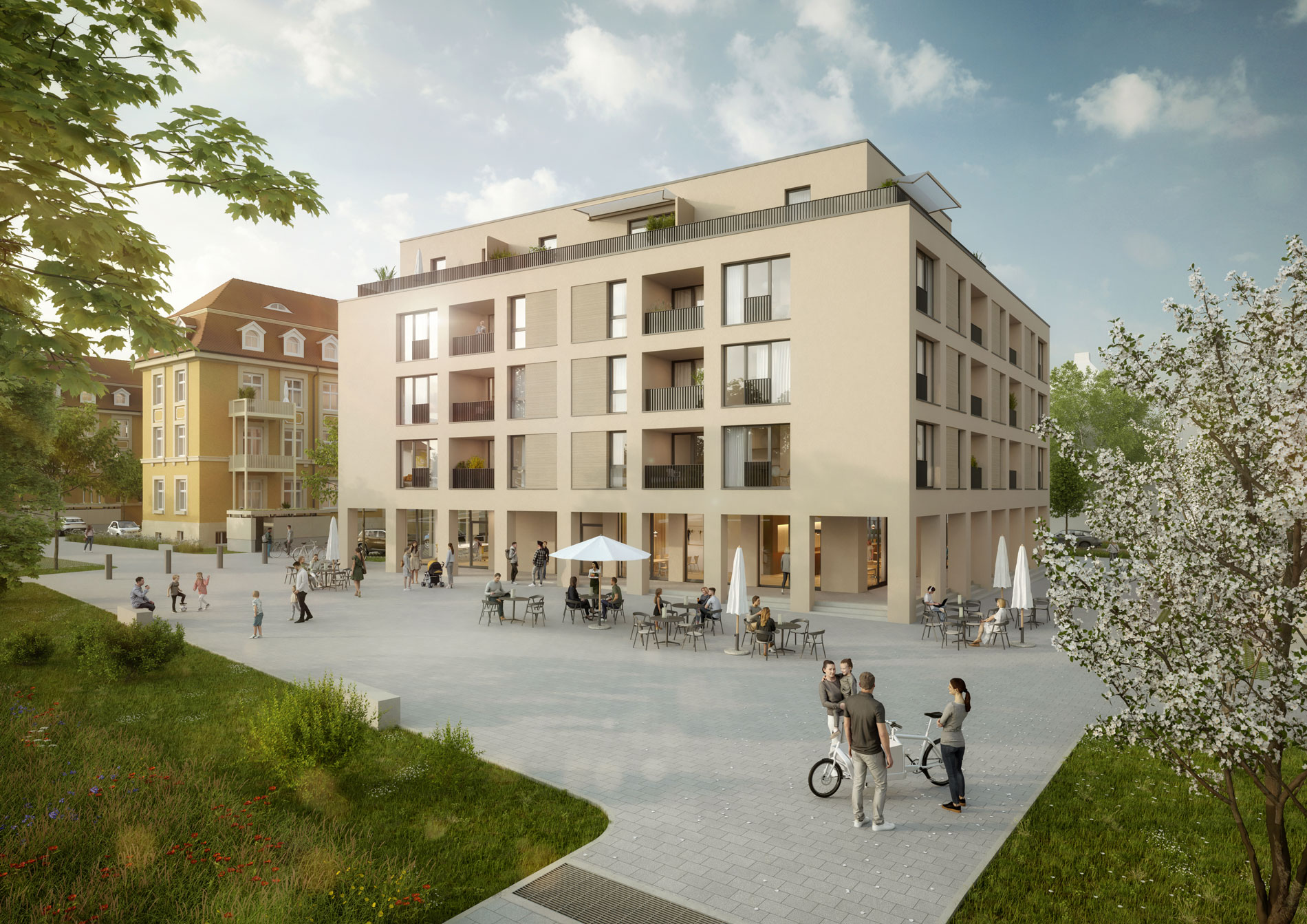 GJL+ Freie Architekten, Andre-Noel-Park, Donaueschingen, Foto: historisch GJL+ Freie Architekten, Andre-Noel-Park, Donaueschingen, Visualisierung: Raumlabor3